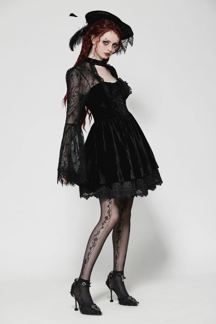Black Lace Long Trumpet Puff Sleeves Floral Jacquard Cut-Out Lace-Up Women's Gothic Short Dress - Product - 2