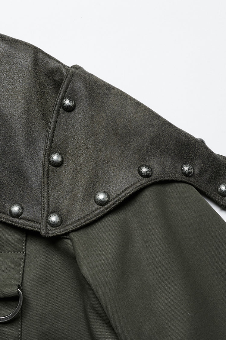 Green Stand Collar Long Sleeves Stitching Faux Leather Women's Gothic Military Jacket - Product - 8