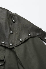 Green Stand Collar Long Sleeves Stitching Faux Leather Women's Gothic Military Jacket - Product - 8