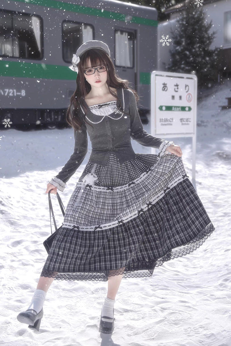 グレー [Star Candy] スクエアカラー 長袖 プリント Cut-Out レース 重ね着風 スウィートロリータスカートセット 商品画像