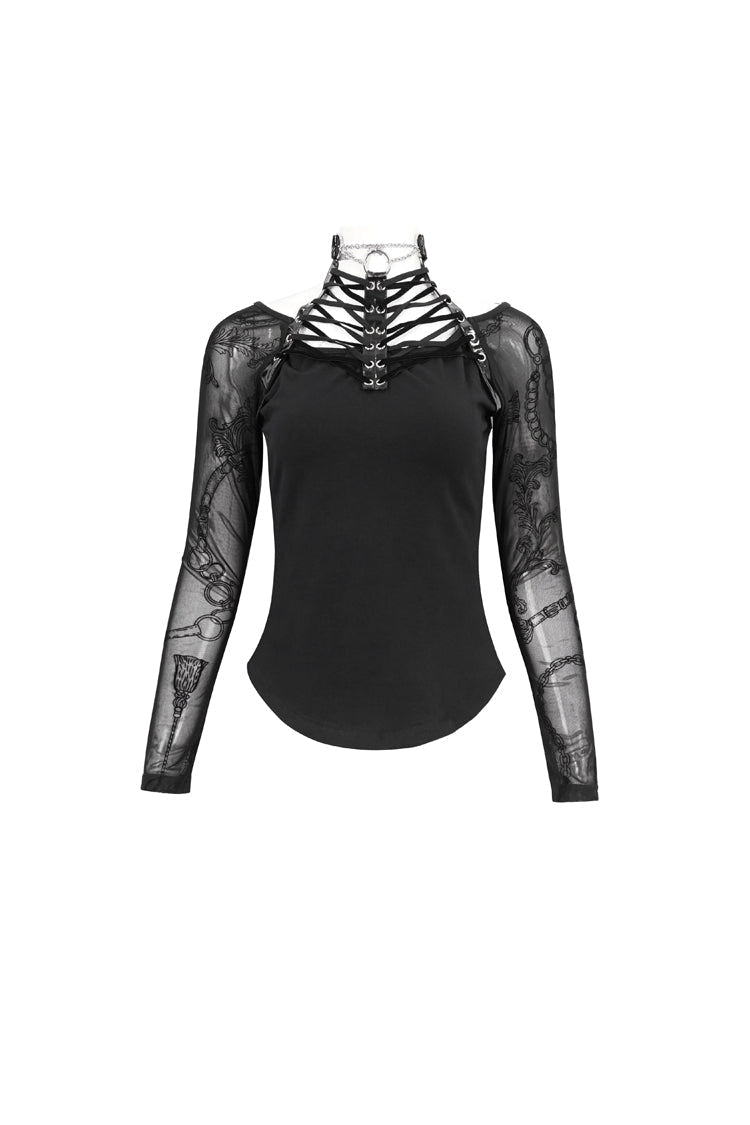Black Stretch Knit Stitching Flocking Printed Neck Collar Tie Rope Off-Shoulder Women's Punk T-Shirt - Product - 7