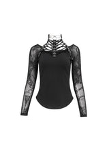 Black Stretch Knit Stitching Flocking Printed Neck Collar Tie Rope Off-Shoulder Women's Punk T-Shirt - Product - 7