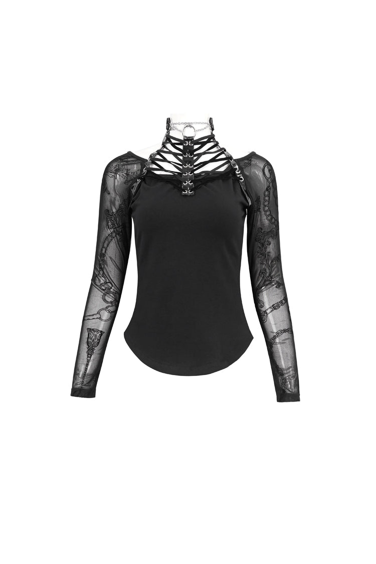 Black Stretch Knit Stitching Flocking Printed Neck Collar Tie Rope Off-Shoulder Women's Punk T-Shirt - Product - 7