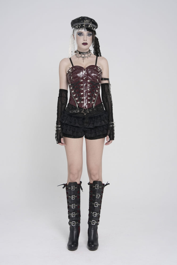 Red Lace-Up Slim Studded Zippered Women's Punk Corset - Product - 2
