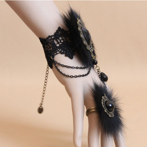 Black Retro Fashion Lace Fox Hair Female Gothic Lolita Ring Bracelet - Product - 2