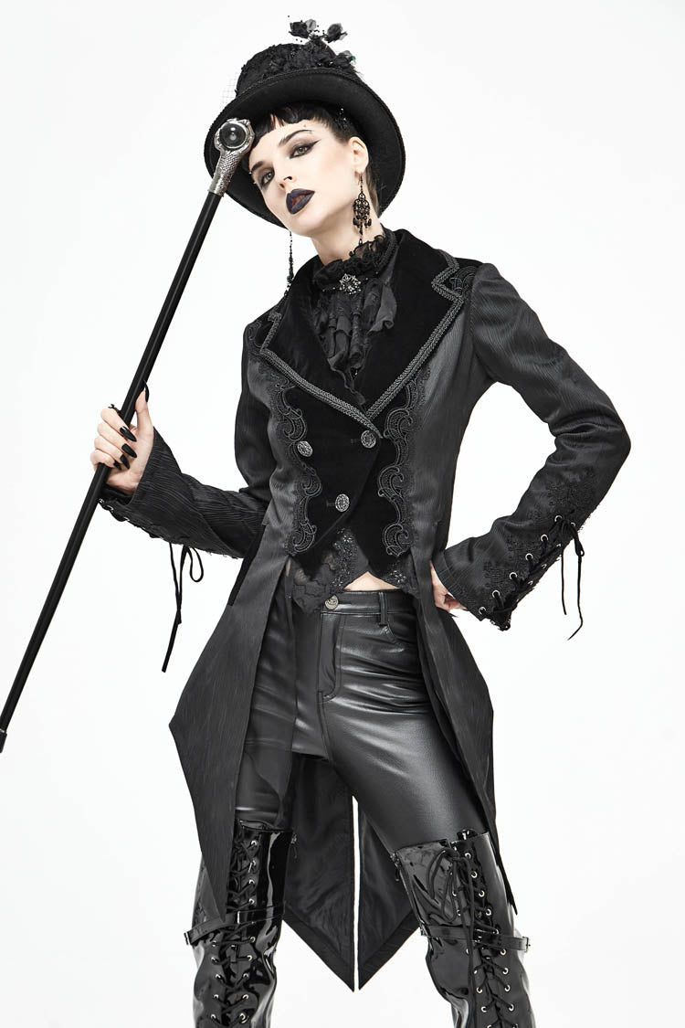 Black Front Decals Metal Button Lace-Up Cuff Dovetail Hem Striped Jacquard Women's Gothic Coat - Product - 2