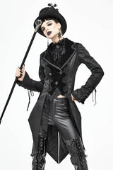 Black Front Decals Metal Button Lace-Up Cuff Dovetail Hem Striped Jacquard Women's Gothic Coat - Product - 2
