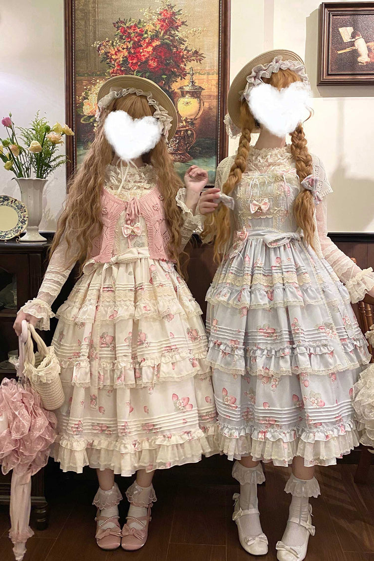 [Strawberry Garden] Sleeveless Multi-Layered Printed Ruffled Bow Sweet Lolita Jsk Dress 2 Colors - Product - 10