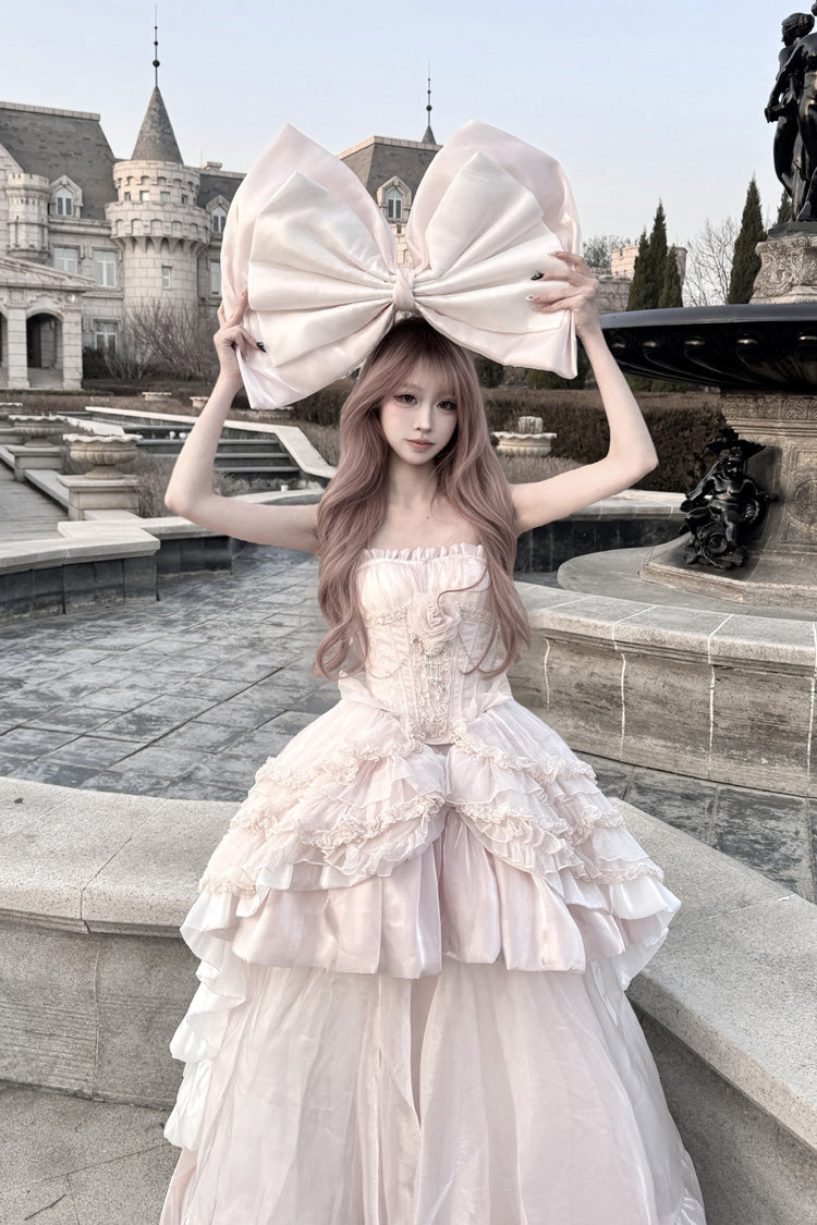 Pink Boat Neck Ruffled Bow Sweet Princess Lolita Dress - Product - 8
