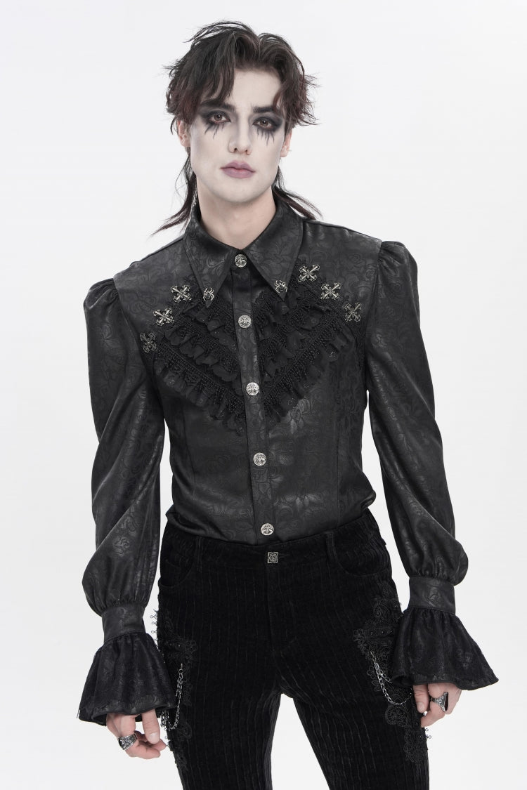 Black Cross Spider Turn-down Collar Long Trumpet Sleeves Printed Lace Men's Gothic Shirt - Product - 10