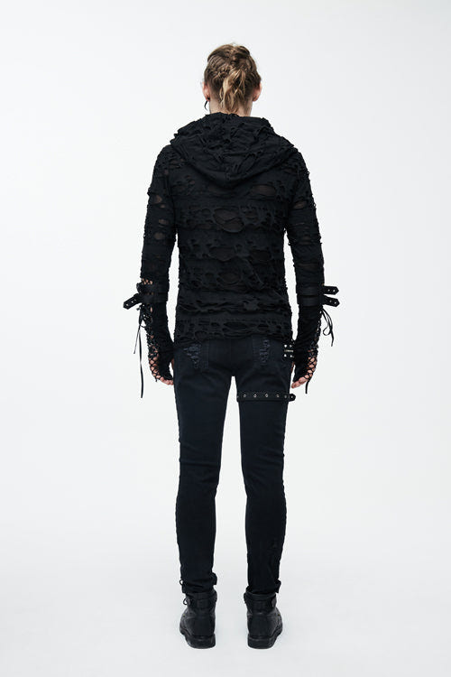Black Ripped Finger Covered Autumn Hooded Mens Punk T-Shirt - Product - 9