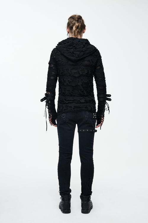 Black Ripped Finger Covered Autumn Hooded Mens Punk T-Shirt - Product - 9