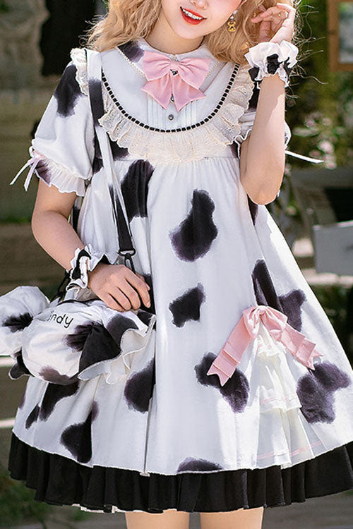 White Cow Pattern Print Short Sleeves Bowknot Ruffled Sweet Lolita OP Dress - White - 1