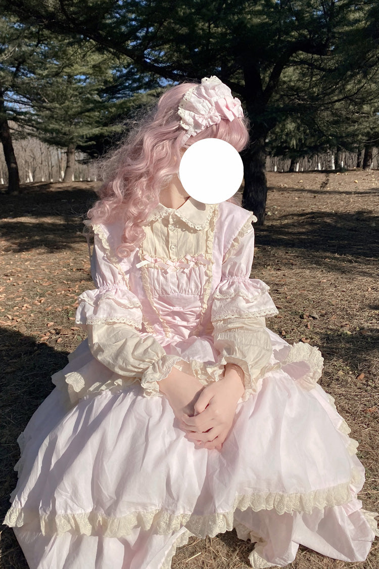 Pink Lapel Collar Long Sleeves High Waisted Multi-layer Bowknot Sweet Lolita Dress - Product - 5