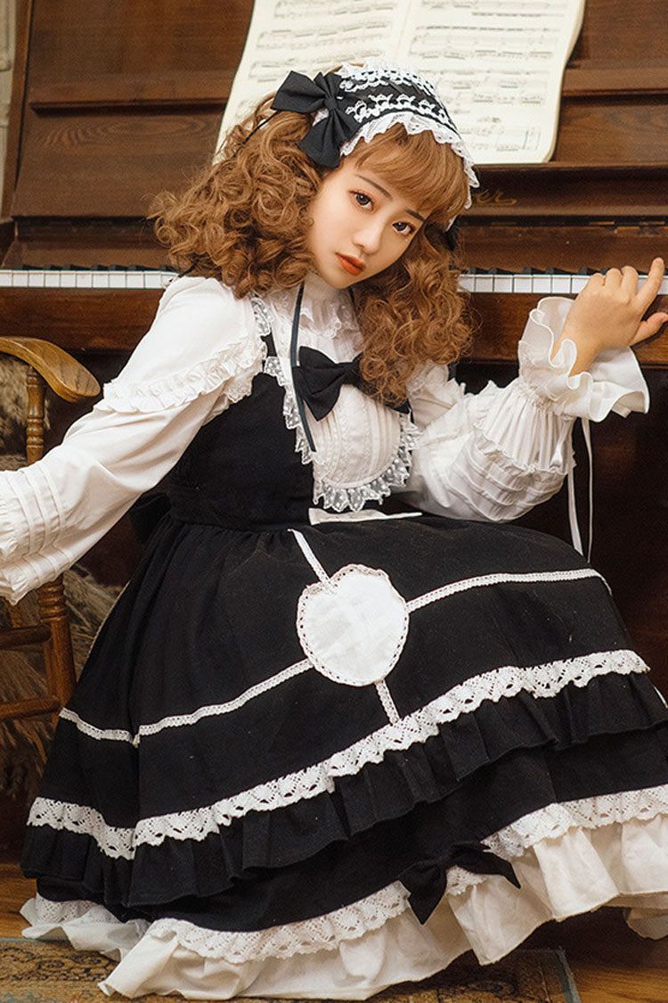 Black Lace Stitching High Waisted Bowknot Ruffled Sweet Lolita Jsk Dress - Product - 3