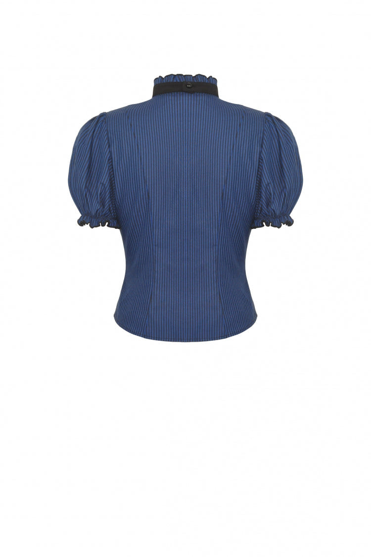 Blue/Black Striped Bow Ruffled Stand Collar Lace Jabot Short Puff Sleeves Front Button‑Up Women's Gothic Blouse - Product - 18