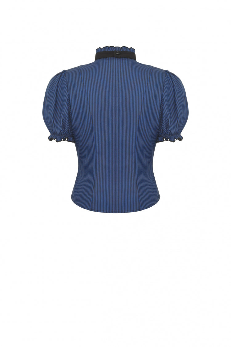 Blue/Black Striped Bow Ruffled Stand Collar Lace Jabot Short Puff Sleeves Front Button‑Up Women's Gothic Blouse - Product - 18
