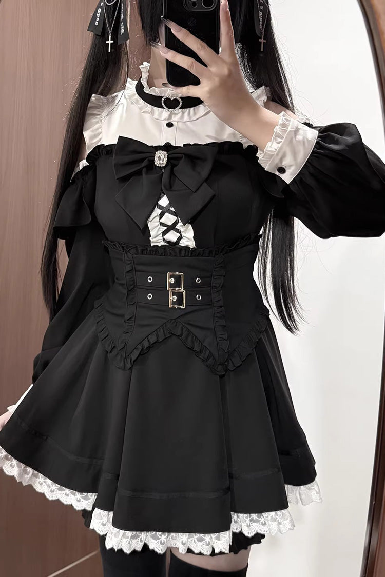 Black/White Off Shoulder Long Sleeves Ruffled Jirai Kei Japanese Dress Set - Product - 3