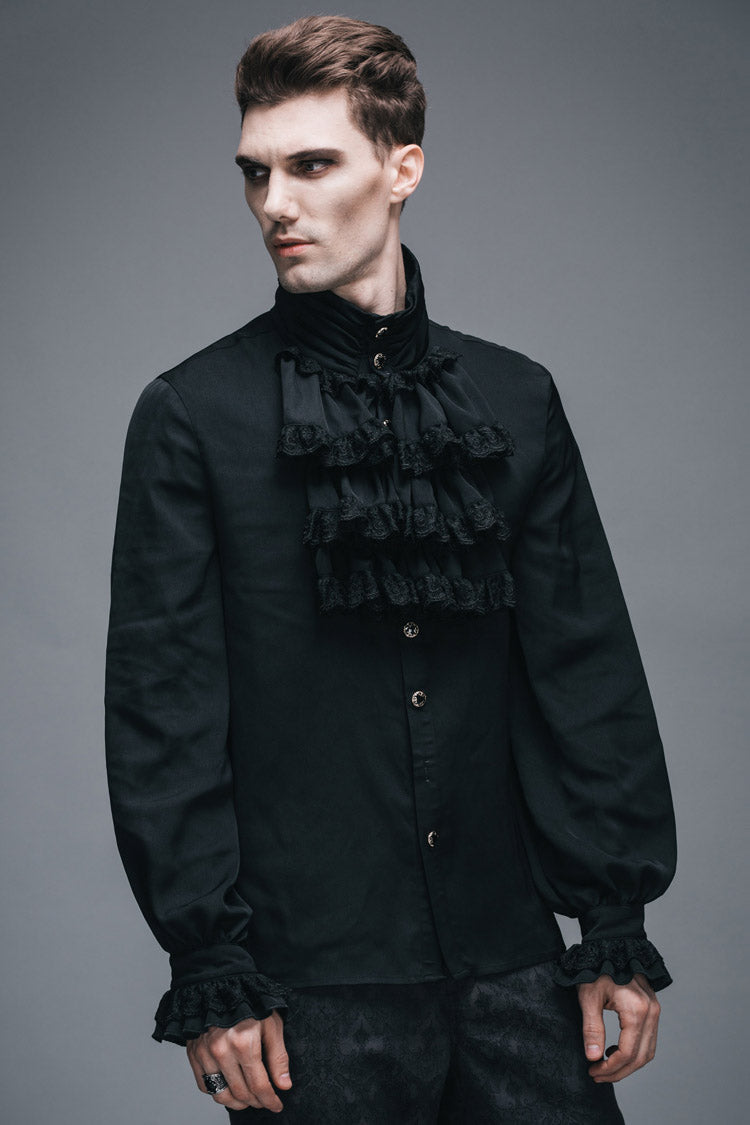 Black Ruffled Lace Button-Up Micro-bullet Chiffon Long Sleeve Men's Gothic Shirt - Product - 5