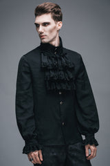 Black Ruffled Lace Button-Up Micro-bullet Chiffon Long Sleeve Men's Gothic Shirt - Product - 5