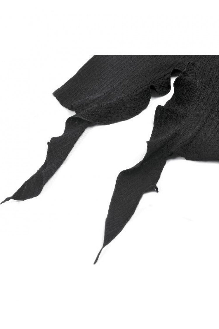 Black Cross Ruffled V Collar Irregular Split Long Trumpet Sleeves Women's Gothic Crop Top with Streamer - Product - 13