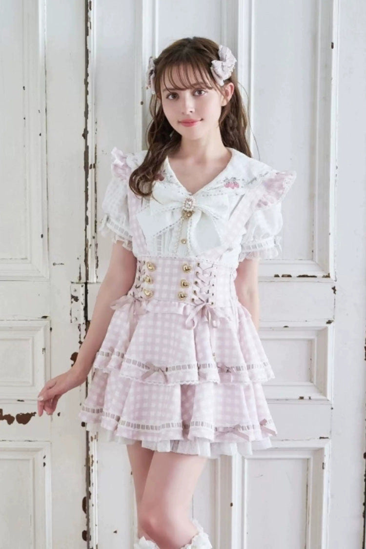 Sweet Multi-Layered Plaid Printed Ruffled Bow Lace-Up Jirai Kei Plus Size Japanese College Style Skirt 3 Colors - Product - 4