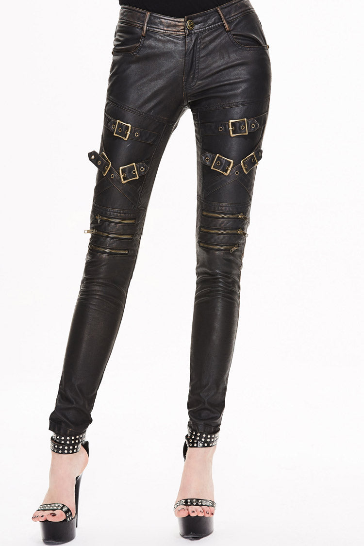 Black/Bronze Metal Zipper Decoration Metal Buckle Leather Leg Loop Leather Women's Punk Pants - Black/Bronze - 1