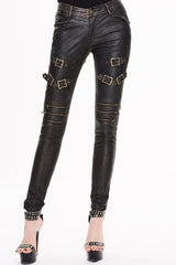Black/Bronze Metal Zipper Decoration Metal Buckle Leather Leg Loop Leather Women's Punk Pants - Black/Bronze - 1
