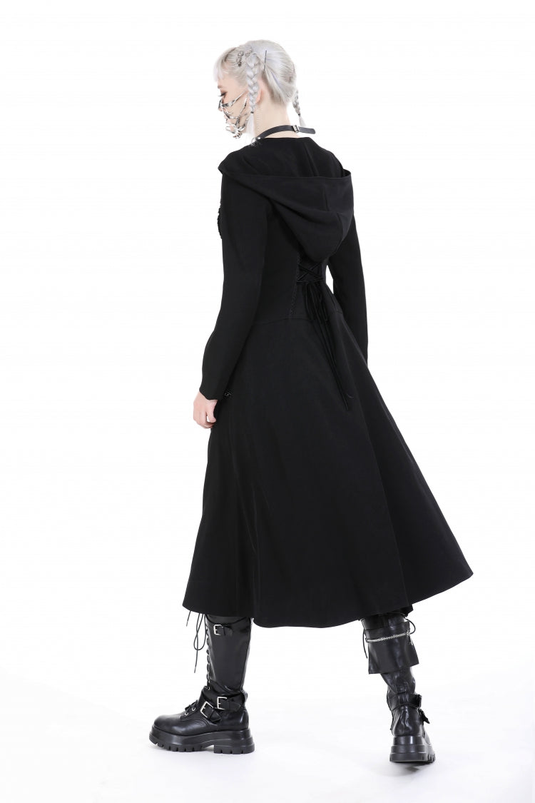 Black Long Sleeves Ruffled Lace-Up Women's Punk Long Jacket with Hood - Product - 9