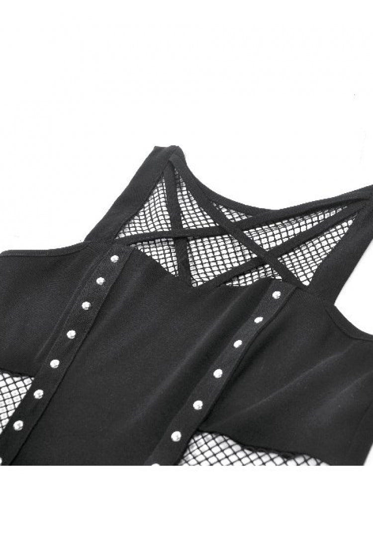 Black Women's Punk Sleeveless Studded Pentagram Sheer Mesh Splice Tank Top - Product - 10