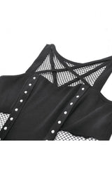 Black Women's Punk Sleeveless Studded Pentagram Sheer Mesh Splice Tank Top - Product - 10