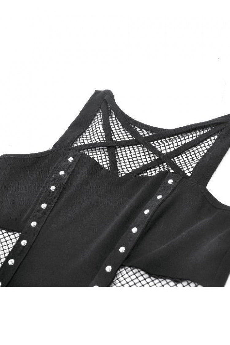 Black Women's Punk Sleeveless Studded Pentagram Sheer Mesh Splice Tank Top - Product - 10