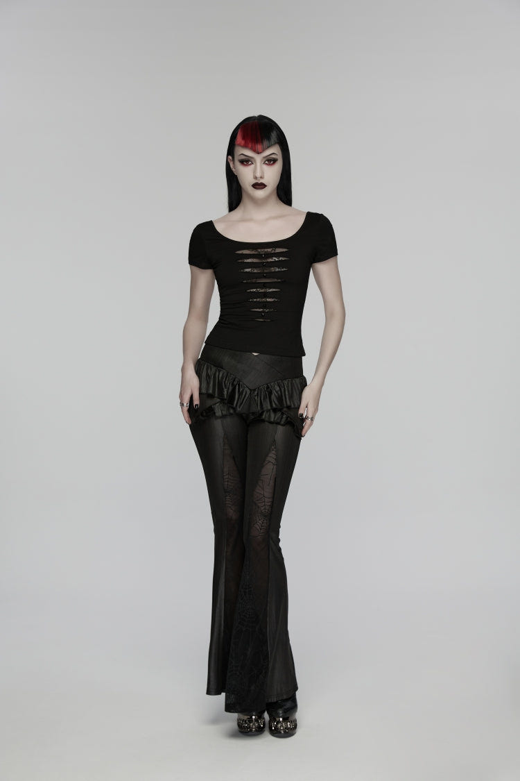 Black Round Collar Short Sleeves Slim Sheer Ripped Studded Women's Punk T-Shirt - Product - 5