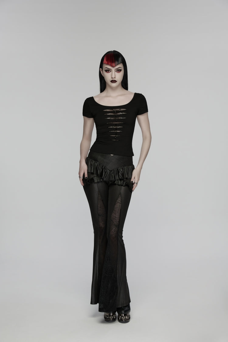 Black Round Collar Short Sleeves Slim Sheer Ripped Studded Women's Punk T-Shirt - Product - 5