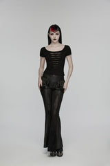 Black Round Collar Short Sleeves Slim Sheer Ripped Studded Women's Punk T-Shirt - Product - 5