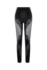 Black Women's Gothic Floral Decal Fishnet Mesh Patchwork Velvet Leggings - Product - 3