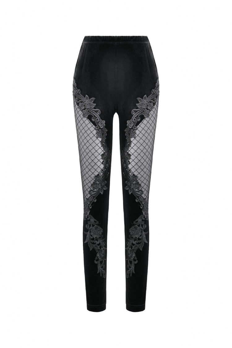 Black Women's Gothic Floral Decal Fishnet Mesh Patchwork Velvet Leggings - Product - 3