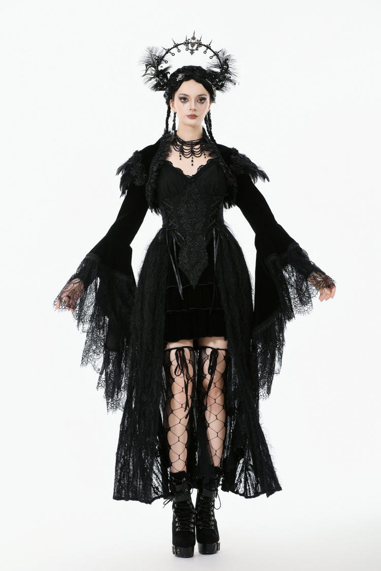 Black Lace Spliced Velvet Long Flared Sleeves Floral Feather Women's Gothic Cape - Product - 6