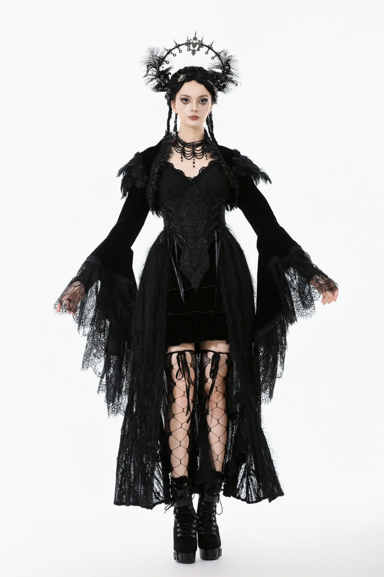 Black Lace Spliced Velvet Long Flared Sleeves Floral Feather Women's Gothic Cape - Product - 6