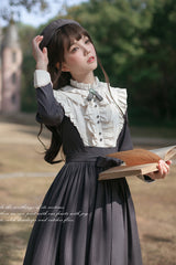 Dark Blue [Berlin Evening News] Long Sleeves Striped Print Ruffle Bowknot British College Style Elegant Sweet Lolita Dress - Product - 8