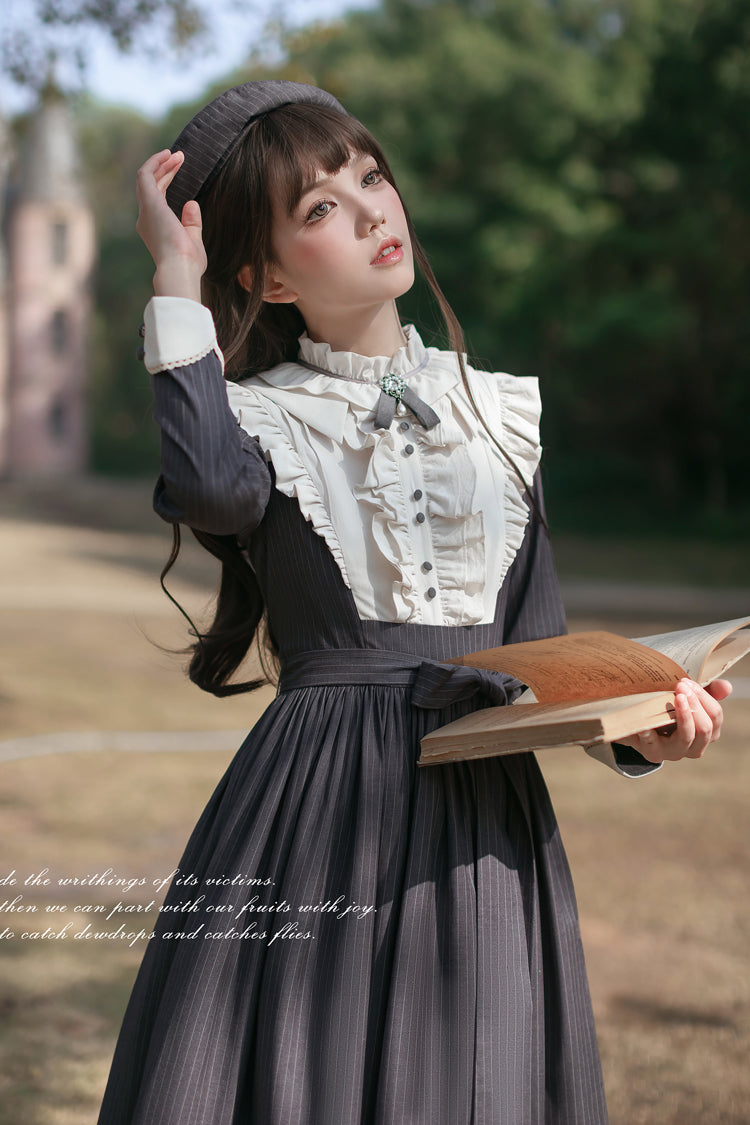 Dark Blue [Berlin Evening News] Long Sleeves Striped Print Ruffle Bowknot British College Style Elegant Sweet Lolita Dress - Product - 8