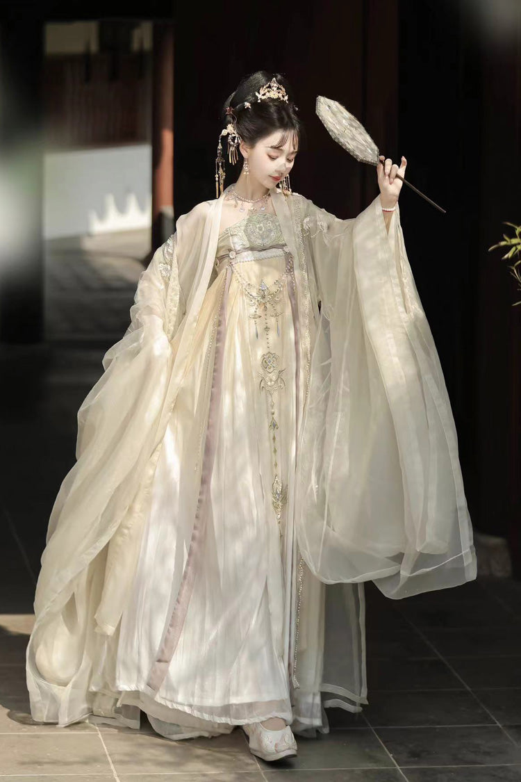 Beige Long Sleeves Embroidery Pearl Chain Sweet Tang-style Hanfu Hezi Dress Set - Product - 2