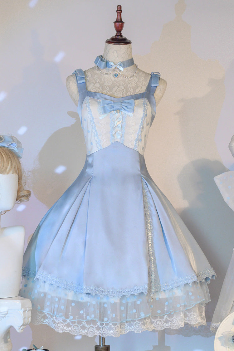 Blue Polka Waltz Sleeveless Print Bowknot Stitching Lace Sweet (Dress Only) detail view 3