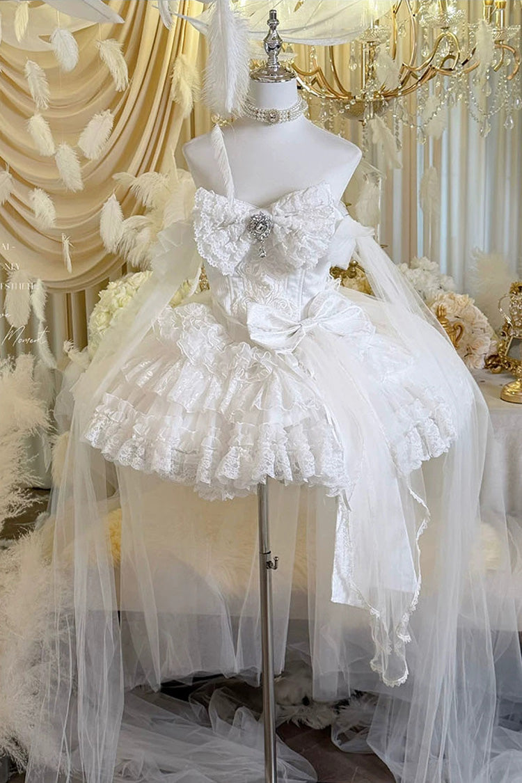 White [White Feather Promise] Sleeveless Multi-Layered Ruffled Hanayome Bow Lace Sweet Lolita Jsk Dress - Product - 7