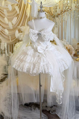 White [White Feather Promise] Sleeveless Multi-Layered Ruffled Hanayome Bow Lace Sweet Lolita Jsk Dress - Product - 7