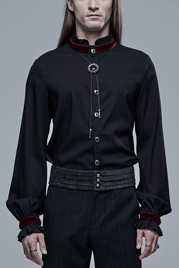 Black/Red Gothic High Collar Front Retro Metal Button Lantern Sleeve Men's Shirt - Black/Red - 1