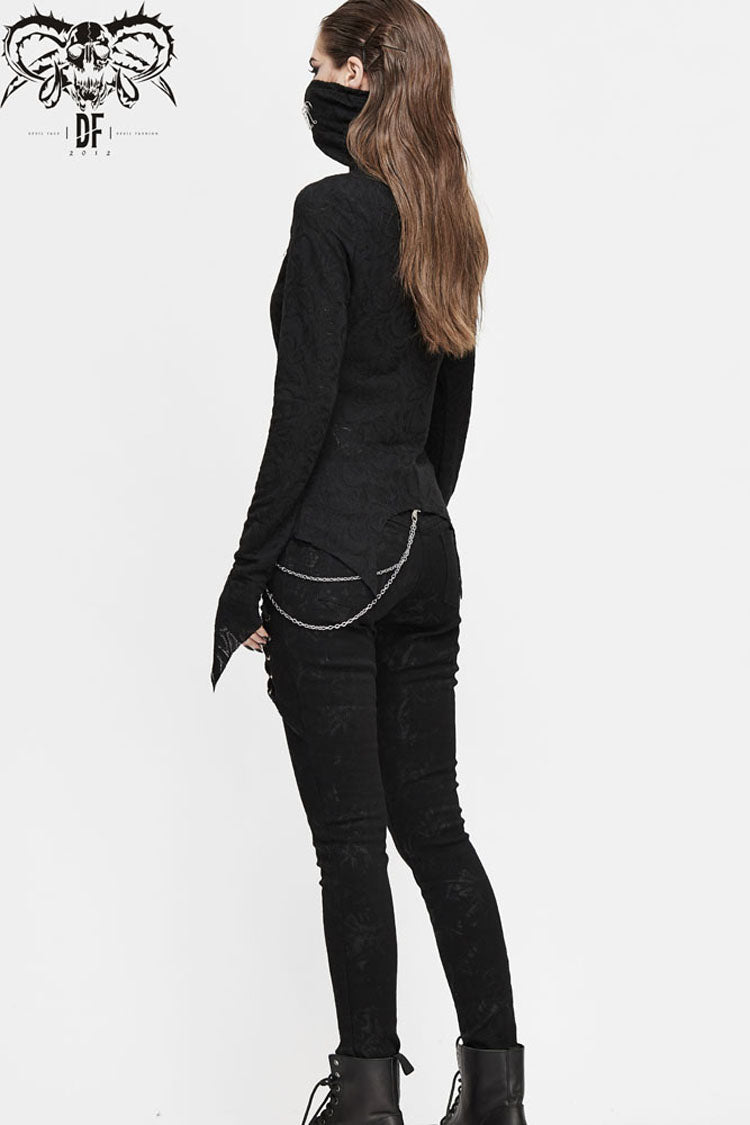 Black Turtleneck Chest Splice Fine Mesh Pin Decoration Sharp Angle Hem Women's Punk Shirt - Product - 6