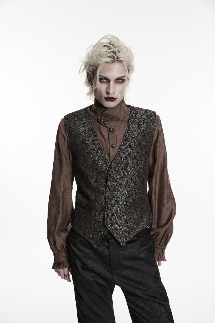 Black V Collar Jacquard Slim Men's Gothic Retro Vest - Black - 1
