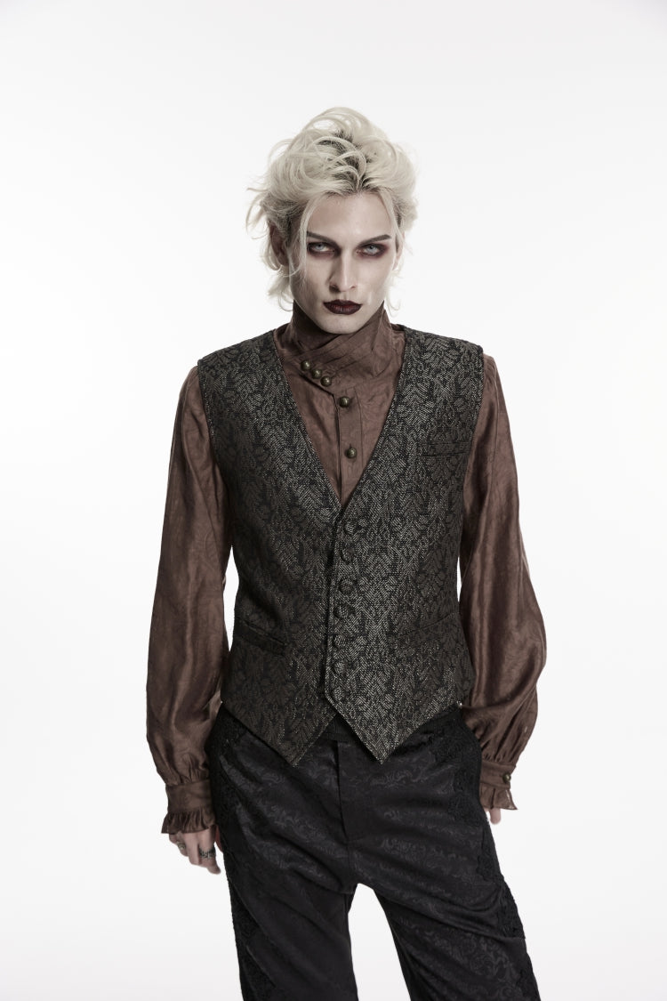 Black V Collar Jacquard Slim Men's Gothic Retro Vest - Black - 1
