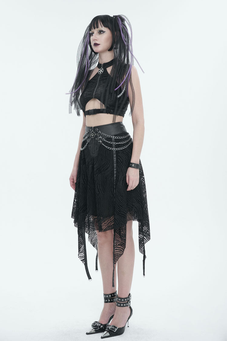 Black Irregular Half Hollow Knit Metal Chain Decorated Women's Punk Skirt - Product - 7